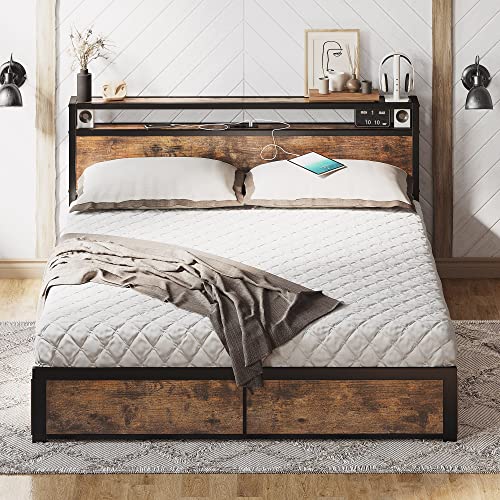 LIKIMIO Queen Bed Frame with Storage Drawer, 2Tier Storage Headboard