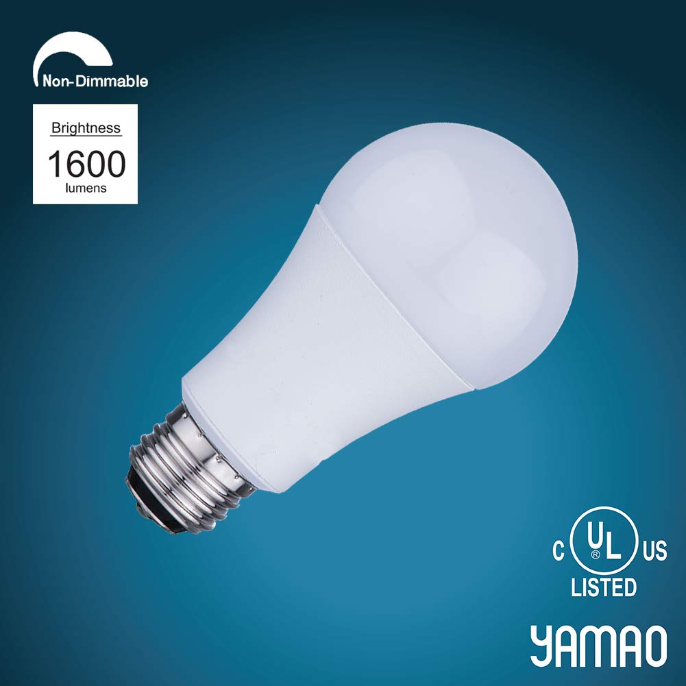 YAMAO A19 LED Light Bulbs, 100W Equivalent Non-dimmable 5000K Daylight, 1600LM, CRI+80, UL-Listed (4 Pack)