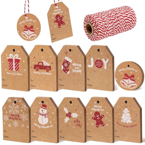 Blisstime 328ft Bakers Twine for Gift Wrapping & 100pcs Christmas Gift Tags, Brown Kraft Tags for Christmas Gifts with String