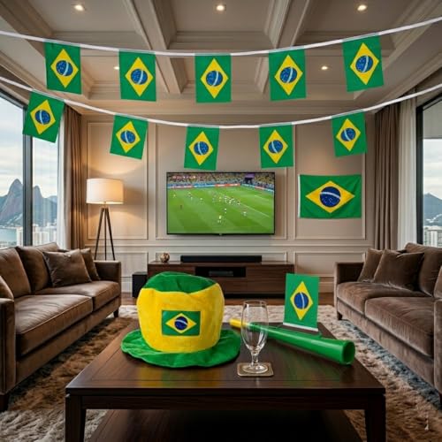 Kit Torcida Brasil Copa do Mundo 2026, 4 Peças, Bandeira 50x70cm, Chapeu Cartola do torcedor, Corneta com Mini-Bandeira, Varal de bandeiras
