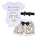 Baby Girls Love Bodysuits Sequins Tassels Pants Outfit Headband (6-12 Months,Gold)