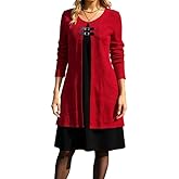Women's Long Sleeve Modest Tunic Ribbed Knit Fake Two Piece Dress Fall Winter Spring Casual Knee Length Loose Layered Dresses