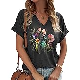 PUCKOLITY Vintage Flowers V Neck Shirt for Women Boho Floral Wildflowers Graphic Tee Casual Cottagecore Summer T Shirt