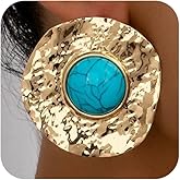 Gold Chunky Large Hammered Disc Turquoise Stud Earrings for Women Statement, Bohemia Vintage Big Circle Pearl Earring Trendy Western Party Jewelry Gift