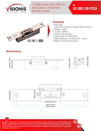 image for Visionis VIS-GDEL100-FSESA 1,100lbs Electric Door Strike for Glass Doo