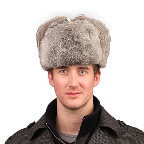 URSFUR Men's Rabbit Full Fur Russian Ushanka Trooper Hats Multicolor (Gray)