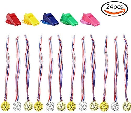 ENJOJ Award Medals (2 Dozen) Gold Silver Bronze Olympic Style Award Medals and 5 Whistles