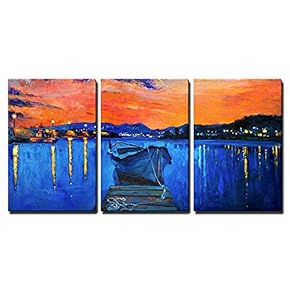 3 Piece Canvas Wall Art - Original Oil Painting of Boat and Jetty(Pier) on Canvas.Rich Golden Sunset Over Ocean - Modern Home Art Stretched and Framed Ready to Hang - 16"x24"x3 Panels
