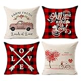 Kithomer Set of 4 Valentines Day Pillow Covers Buffalo Plaid Farmhouse Decor Throw Pillow Cases Retro Truck Cushion Cover 18 x 18 Inch Home Decoration
