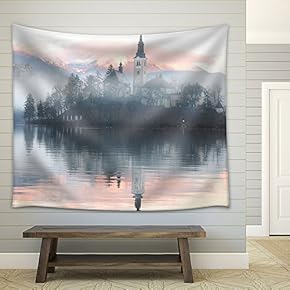 Misty Evening at The Bled Lake - Fabric Wall Tapestry Home Decor - 51x60 inches
