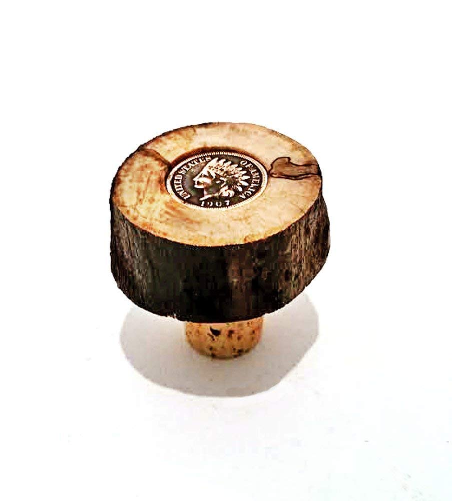 Live Edge Wooden Wine Bottle Cork with Antique Indian Head