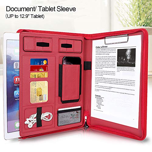 Portfolio Padfolio Case, Skycase Business Portfolio Folder, Zippered Conference Folder Document Organizer with Letter Size Clipboard, Document/Tablet Sleeve (Up to 12.9'' Tablet) and Card Holders Red