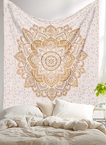 Golden Ombre Tapestry Ombre Bedding Mandala Tapestry Queen White Color Indian Mandala Wall Art Hippie Wall Hanging Bohemian Bedspread