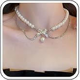Xduargs Boho Rhinestone Bow Choker Necklace Imitation Pearl Choker Necklace Shiny Crystal Tennis Chain Necklace Wedding Bridal Pearl Chain Necklace for Women