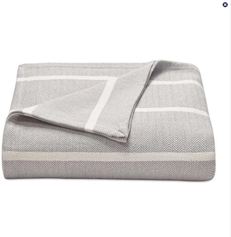 Full/Queen Super Soft Light Weight 100% Cotton Blue/Ivory Herringbone Woven Blanket/Throw