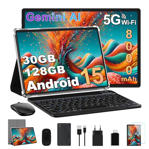 Android Tablet 15, 30GB RAM 128GB ROM(TF 2TB Expandable), 10 Inches, 8000mAh, WIFI 5G/GPS/BT5.0/OTG, Face ID, Widevine L1, Tablets Metal Body with Keyboard, Mouse, Protective Case – Grey