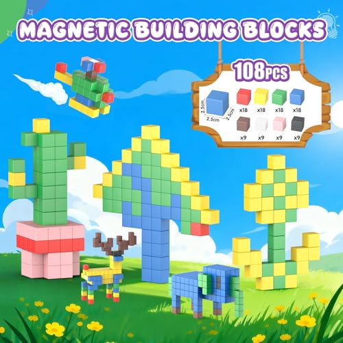 HaoVrisn Magnetic Blocks Construction Children, 108 Magnetic Pieces Children, Magnetic Cube Montessori Toys, Gift & Toys Children 3 4 5 6 7 8 9 Years Old (2.5CM*2.5CM)