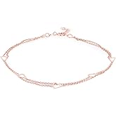 Vanbelle Sterling Silver Jewelry - Rose Gold Plated 925 Stamp - Double Layered Chain Open Heart Charm Anklet - Stylish Beautifully Designed for Women - 9" Long + 1" Extender