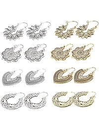 FIBO STEEL 8 Pairs Vintage Mandala Flower Gypsy Drop Dangle Earrings for Women Girl Boho Retro Tribal Hollow Earrings Set