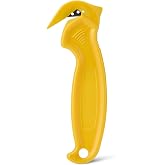Amazon Basics Film Safety Cutter, Concealed Stainless Steel Blade with Tape Splitter for Boxes, Packages, Shrink Wrap, Compact Size, Yellow, 1-Pack