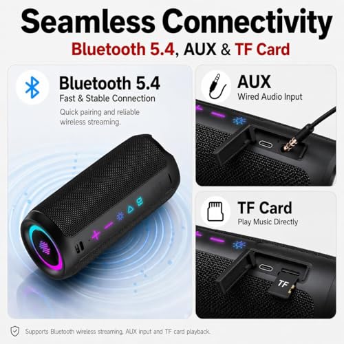 TIMU Portable Bluetooth Speaker, Powerful Sound Wireless Speaker: Boost Bass, Bluetooth 5.4, 24H Playtime, 8 RGB Modes, IPX7 Waterproof, TWS Pairing, Beach/Vacation Essentials, Gift Ideas（Black）