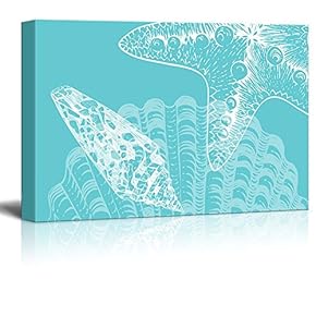 Canvas Wll Art - Seashell and Starfish on Teal Ocean Theme Background - Giclee Print and Stretched Gallery Wrap | Modern Home Art Ready to Hang - 12"x18"