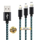 iPhone Cable 3Pack 3FT 6FT 10FT, GUIGUI Extra Long Nylon Braided Charging Cord Lightning Cable to USB Charger for iPhone 7, 7 Plus, 6S, 6, SE, 5S, 5, iPad, iPod Nano 7 - Green Black