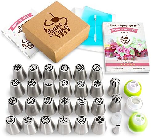 Russian Piping Tips Set Flowers Booklet Ball Coupler 55pcs Nozzle Pastry Kit Icing Decoration Frosting Tools Stainless Steel with Instructions and Free eBook (55 Pcs)