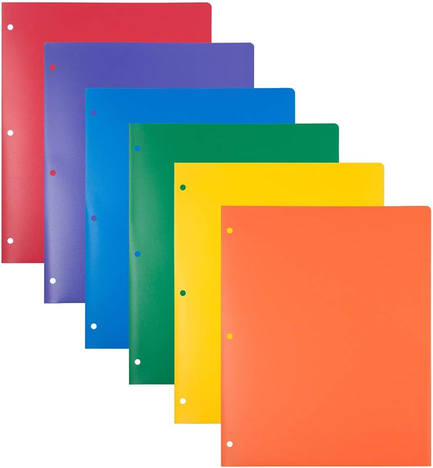 JAM PAPER Heavy Duty Plastic 3 Hole Punch School Folders with Pockets - Assorted Primary Colors - 6/Pack : Office Products