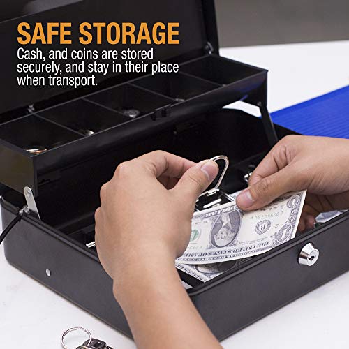 Cash Box with Money Tray- Safe Metal Lock Box- Locking Boxes with Key- Large Storage Lockbox with Safety Holder- Money Saving Organizer- Security Box with Coin Tray Lid