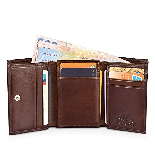 Vbiger Portafoglio Uomo in Vera Pelle con RFID Secured Blocco (Marrone)