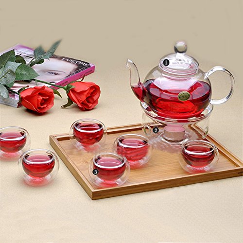 CGL Sky 27 oz glass filtering tea maker teapot (600c) with a warmer and 6 tea cups 50ml