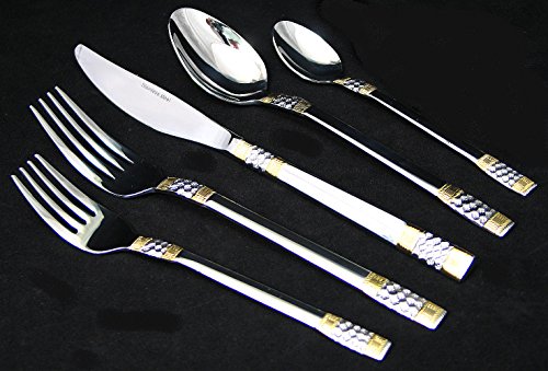 75-Piece Luxury Flatware Set Silverware Dining Service for 12, 24K Gold-Plated Premium 18/10 Stainless Steel, Flatware Storage Box Chest Case for Spoons Forks Knives w/Hostess Serving Set (Luxor)