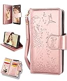 Galaxy Note 8 Case,Note 8 Wallet Case, FLYEE 9 Card Slot PU Leather [kickstand] [Emboss Flower] Magnetic Protective Cover with Mirror and Detachable Wrist Strap for Samsung Galaxy Note 8 Rose Gold