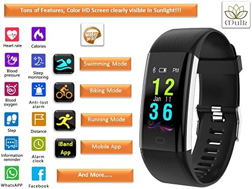 Mulk HD COLOR FITNESS Tracker - Swimming, Biking, Running, Heart Rate, Blood Pressure, Blood Oxygen Bluetooth Activity Tracker Sleep Monitor, Step Counter, Calorie burn waterproof for all Ages