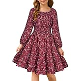 GRACE KARIN Girls Fall Dress Floral Long Sleeve Midi with Smocked Waist for Holiday Party 6-14Y
