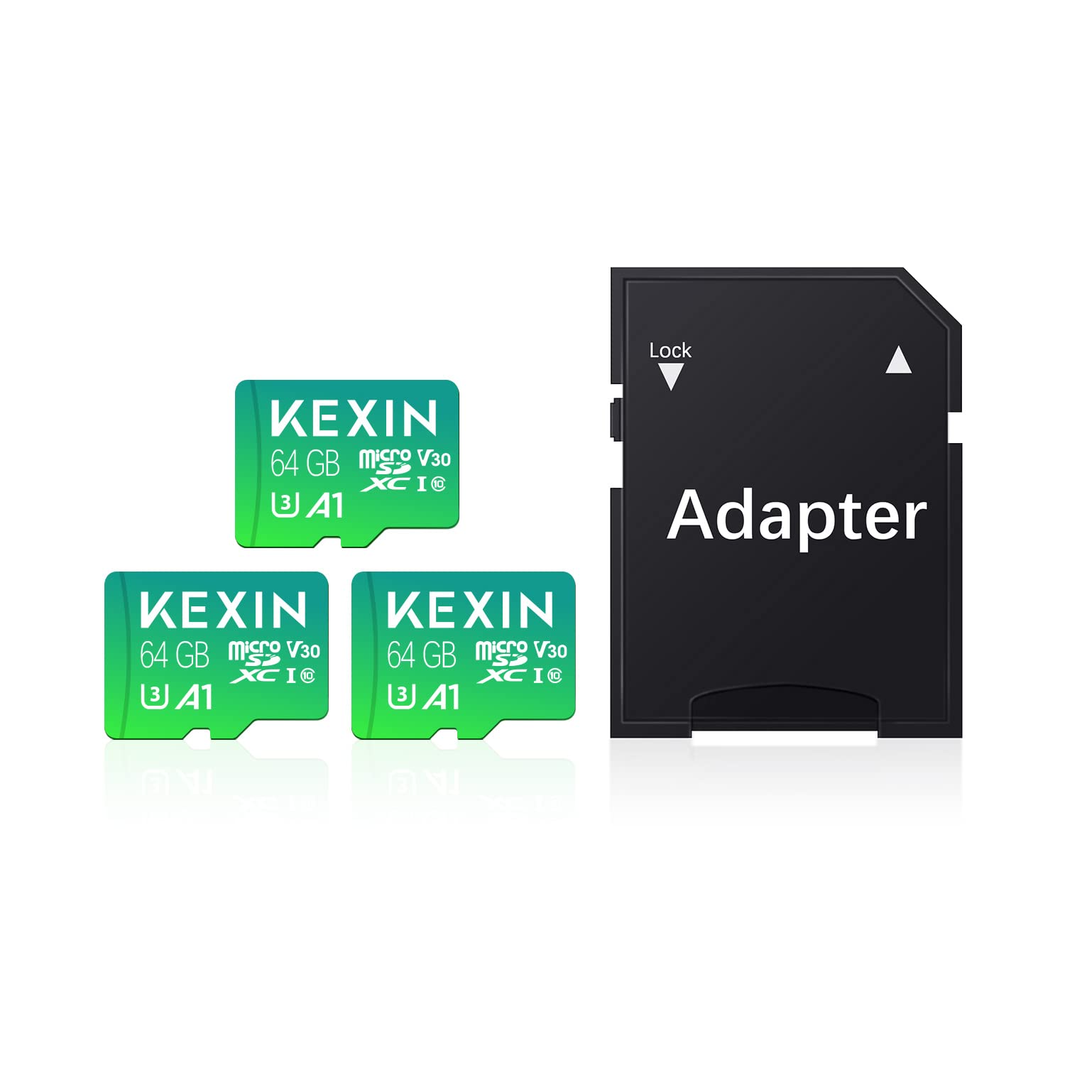 KEXIN 3 Pack Micro SD Card 64GB MicroSDXC with SD Adapter, A1, U3, V30, C10 Micro SD Memory Card TF Card 4K Full HD Video Recording for Camera, Smartphone, Monitor, Drone, Dash Cam, Gopro Green