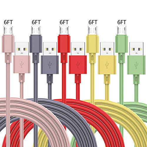 ZUPIHOW Micro USB Cable 5 Pack 6FT Android Charger TPE Cable Charger Cable Long Android Phone Charger Cord for Samsung Galaxy S7 S6 Edge J7 S5 Note 5 4 LG G4 K40 K20 MP3 Kindle MP3 Nokia Sony