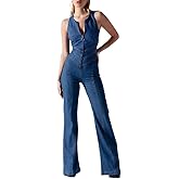 Glkaend Womens Sexy Slim Fit High Waist Denim Jumpsuit Sleeveless Zipper Backless Wide Leg Rompers