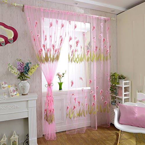 Tangbasi Voile Window Curtain Drapes See-through Sheer Panels Flowers Print Bedroom Decor