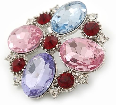 Statement Multicoloured Glass Bead Square Brooch In Rhodium Plating - 45mm Width, silver, red, light blue, purple, pink - Image 4