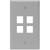 Leviton QuickPort Wallplate, Single Gang, 4-Port, 41080-4GP, Grey
