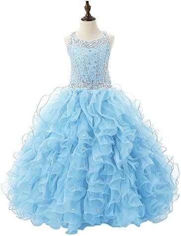 Kirmoo Girls' Crystal Body Straps Layered Ball Gown Ruffles Pageant Dresses (Sky Blue, Size 16)