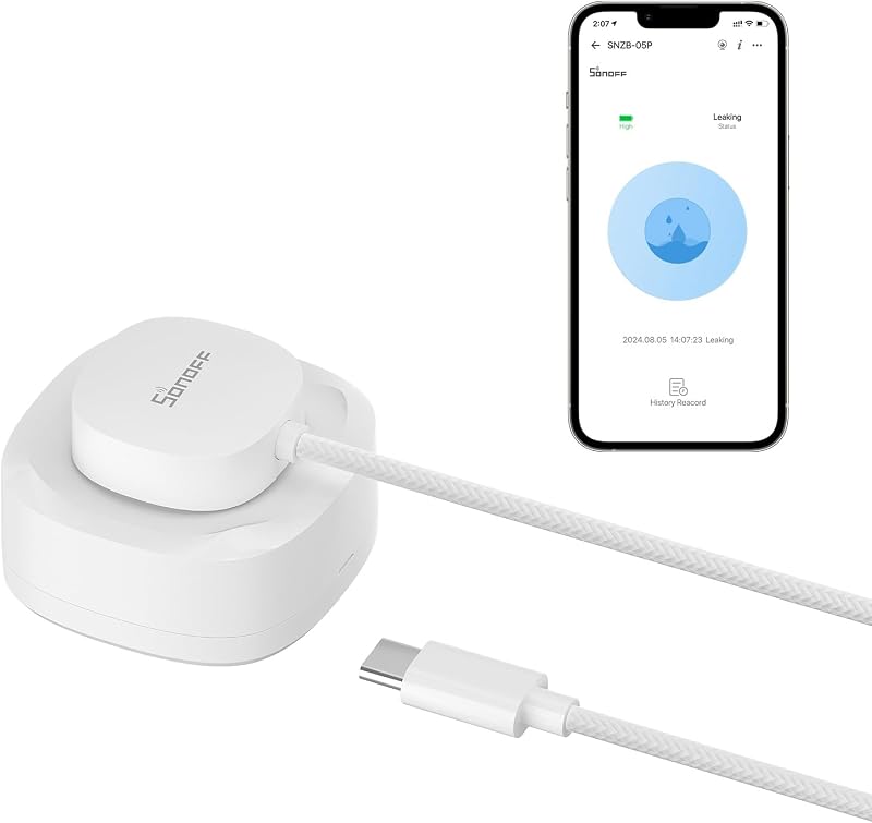 SNZB-05P detetor de água Zigbee + cabo sensor de água WLDC200, detetor de água para cozinhas, caves e casas de banho, compatível com Alexa e Google, requer hub Zigbee.