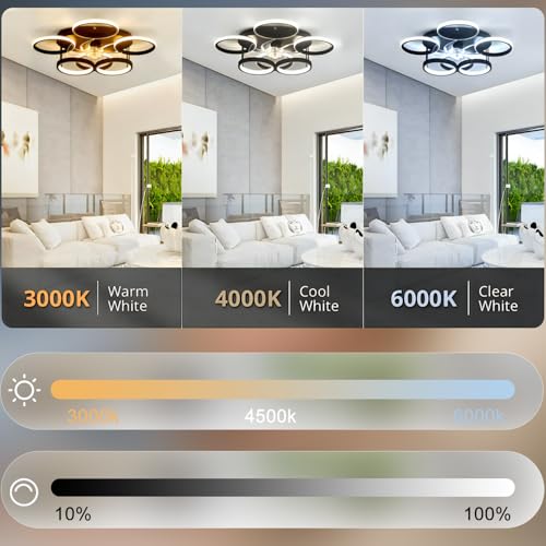 SXJCCSM 72 W Dimmable Ceiling Fan Ceiling Light, Silent LED Chandelier Design with 6 Rings with Remote Control and APP, 6 Speeds Reversible, Timing, Suitable for Kitchen, Living Room, Bedroom, Black