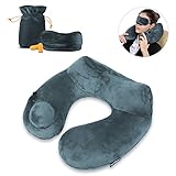 Inflatable Travel Pillow Push Button - Luxsure Soft Neck Support Pillow Portable U Shape Air Pillow For Plane Train Car Office Camping w/ Ear Plugs, Eye Mask and Drawstring Bag (Grey)