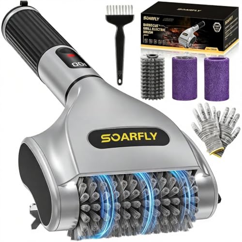 SOARFLY Electric Grill Brush for Outdoor Grill, 2-Speed & 20kg Torque Electric BBQ Grill Brush, Powerful Motor 800RPM Fast Safe Grill Cleaner, 4000mAh Long Battery Life, LED Light, Gifts for Men Dad