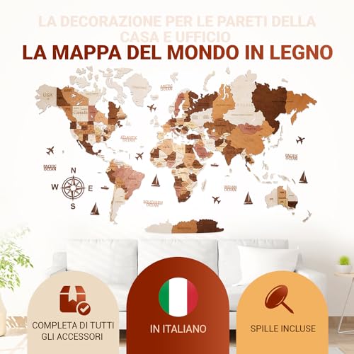 WOW WOOD® Wooden World Map 3D in Italian – High Quality Wall Decorations | Wall Mount Without Tools | Gift Idea for Any Occasion (113.00 x 213.00 CMS, Wood Colour)