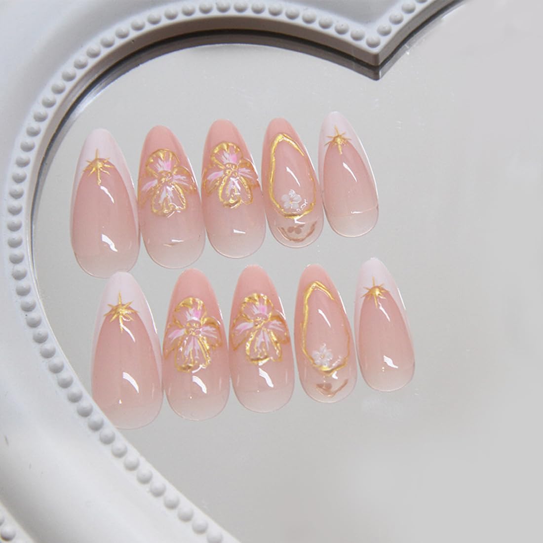 Flower Almond Press on Nails Medium Fake Nails with 3D Gold Line Floral Star Designs White French Nails Press ons Nude Pink Acrylic Nails Fall Glue on Nails Artificial Stick on Nails for Women 24Pcs - Image 3