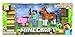 Minecraft Figure Set Overworld Saddle Pack (Steve w/Whip Chestnut Horse , Pig w/Saddle , 2 x hay Bale , 2 x Grass Blocks)